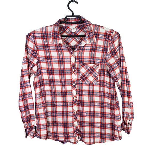 Womens Gap Red Multicolor Plaid Shirt Button Up Long Sleeve Rayon Blend XL Tall - Picture 1 of 7